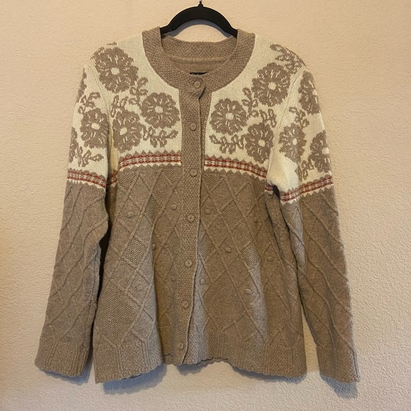 Gudrun Sjoden Wool Blend Cardigan Sweater Cream Tan Scalloped Floral Sz Small - Picture 1 of 7